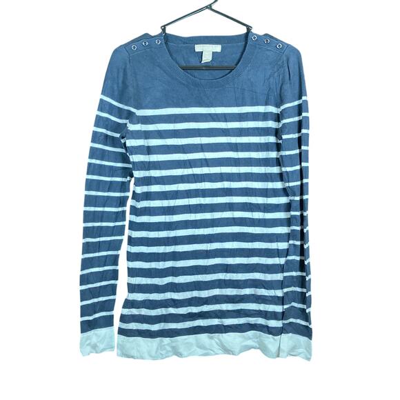 Banana Republic Women Sweater Navy White Striped Crew Neck Wool Blend Stretch M - Picture 1 of 11